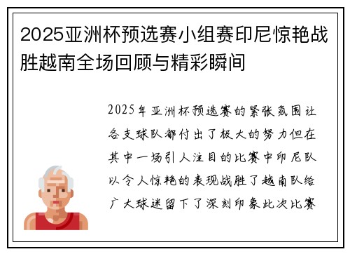 2025亚洲杯预选赛小组赛印尼惊艳战胜越南全场回顾与精彩瞬间